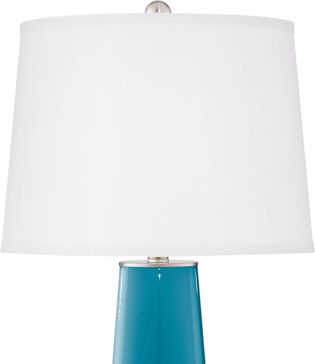 Color + Plus Leo Modern Table Lamps 29 1/2' Tall Set of 2 Caribbean Blue Sea Glass Tapered Column Plain White Drum Shade for Bedroom Living Room House Home Bedside Nightstand Office Family