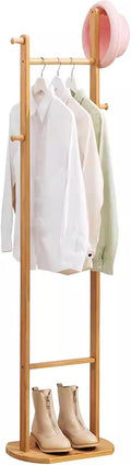 Garment Rack Bamboo Clothing Rack Corner Coat Rack Stand Hall Trees Free Standing Clothes Hanging Rail With Shelves And 4 Hooks For Entryway Bedroom Living Room, 40X30X162CM(Color:Wood color)