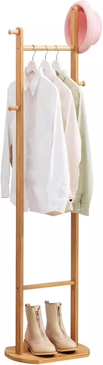 Garment Rack Bamboo Clothing Rack Corner Coat Rack Stand Hall Trees Free Standing Clothes Hanging Rail With Shelves And 4 Hooks For Entryway Bedroom Living Room, 40X30X162CM(Color:Wood color)