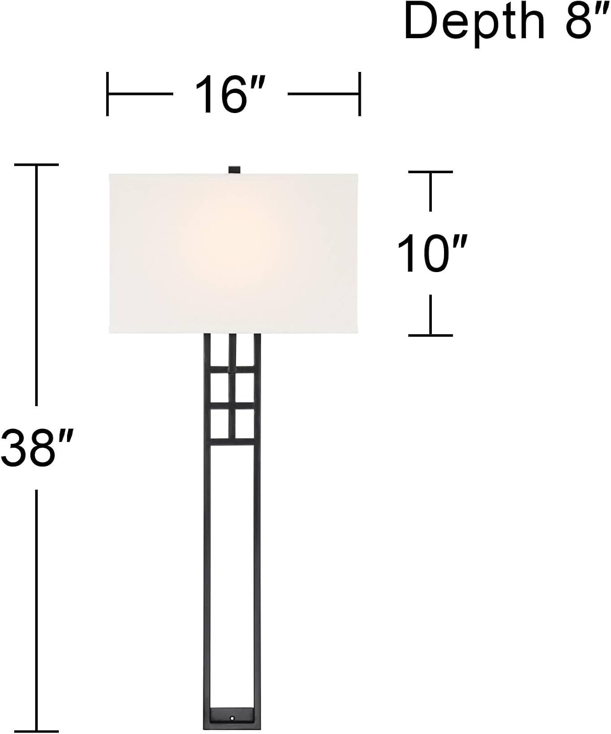 Possini Euro Design Ventano Modern Wall Lamps Set of 2 Matte Black Plug-in 16' Fixture White Linen Fabric Rectangular Shades for Bedroom Bathroom Bedside Vanity Living Room Mirror Hallway Dining