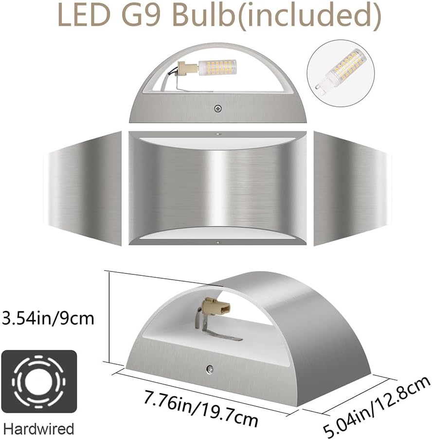 Aipsun 4 Pack Nickel Modern LED Wall Sconce Hardwired Indoor Wall Lights Up and Down Wall Mount Light for Living Room Bedroom Hallway Corridor Conservatory Warm White 3000K(with G9 Bulbs)