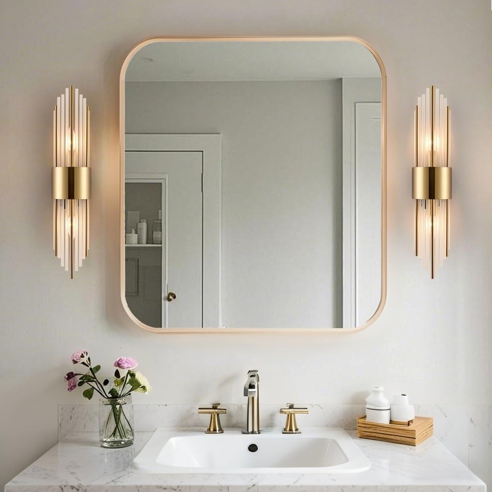 2-Light Modern Crystal Wall Sconces Titanium Gold Vanity Wall Light with Frosted Glass Luxury Set of 2 Wall Light Fixtures for Bedroom Living Room Dining Room Vanity Mirror Light