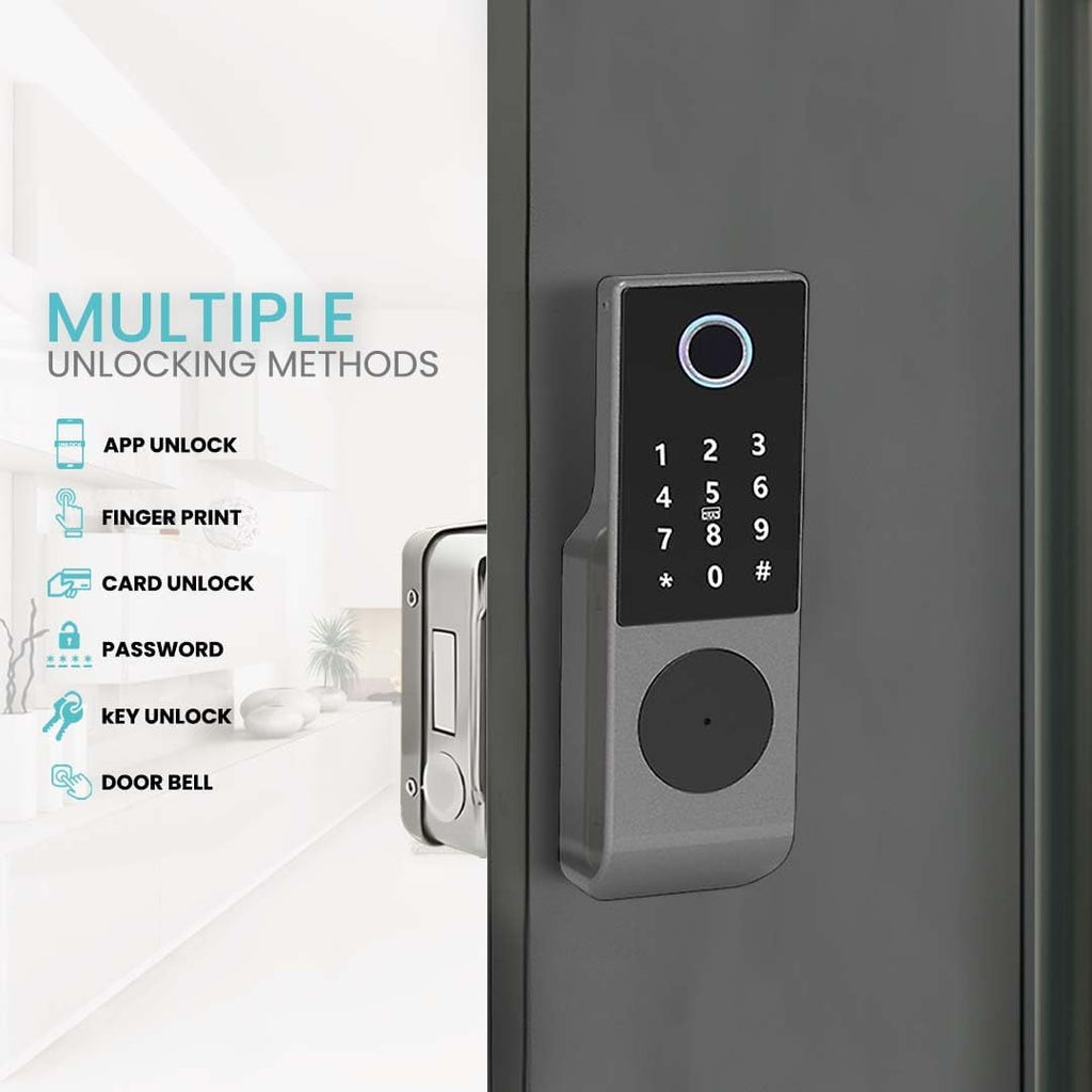 smart latch double gate lock, electronic gate latch for outdoor fence, waterproof keyless smart rim lock, electric double sided keypad locks, Fingerprint, Passcode, Key, IC Card, Tuya App