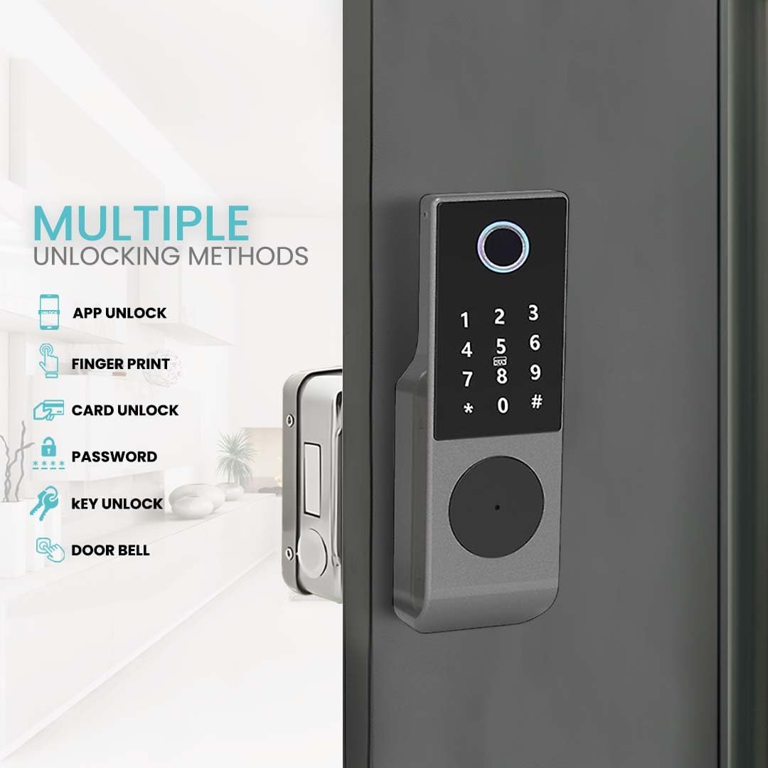 smart latch double gate lock, electronic gate latch for outdoor fence, waterproof keyless smart rim lock, electric double sided keypad locks, Fingerprint, Passcode, Key, IC Card, Tuya App