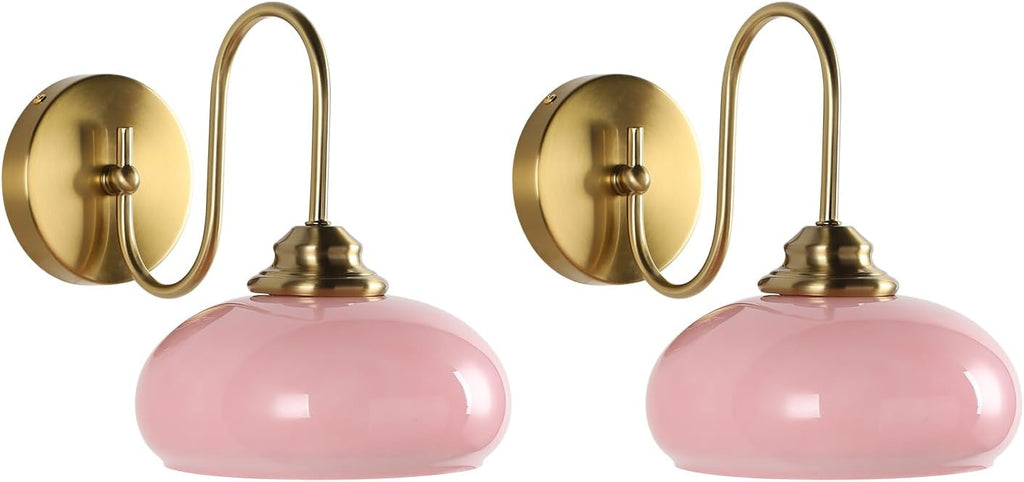 KCO Lighting Pink Wall Sconce Brushed Gold Bathroom Light Fixtures Glass Globe Wall Light Mid Century Modern Wall Sconce Vintage Bathroom Sconces Wall Lighting Set of 2