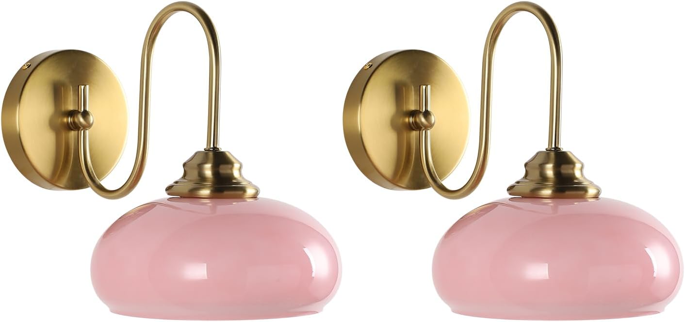 KCO Lighting Pink Wall Sconce Brushed Gold Bathroom Light Fixtures Glass Globe Wall Light Mid Century Modern Wall Sconce Vintage Bathroom Sconces Wall Lighting Set of 2