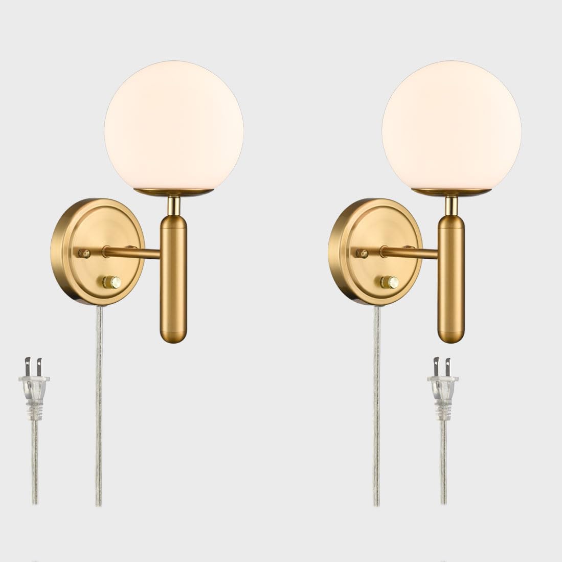 DIRYZON Modern Plug in Wall Light Dimmable Wall Sconces Set of 2 with Switch Brass Wall Sconce for Bedroom Bathroom,Opal Globe Glass