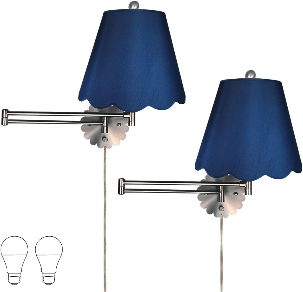 Royal Designs, Inc. Set of 2 Scalloped Swing-Arm Dimmable Wall Lamp - Brushed Nickel Lamp with Navy Blue Scallop Hardback Lampshade