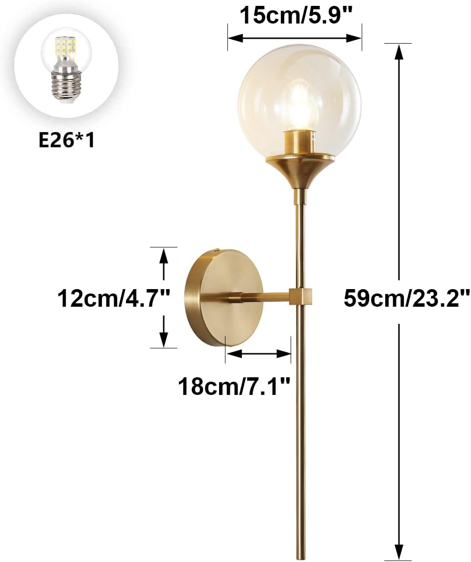 BOKT Brass Gold Wall Sconce Lighting Set of 2 Mid Century Modern Long Globe Wall Sconce Light Set of Two Amber Glass Bathroom Vanity Light Fixture Bedroom Wall Lamp (Amber)