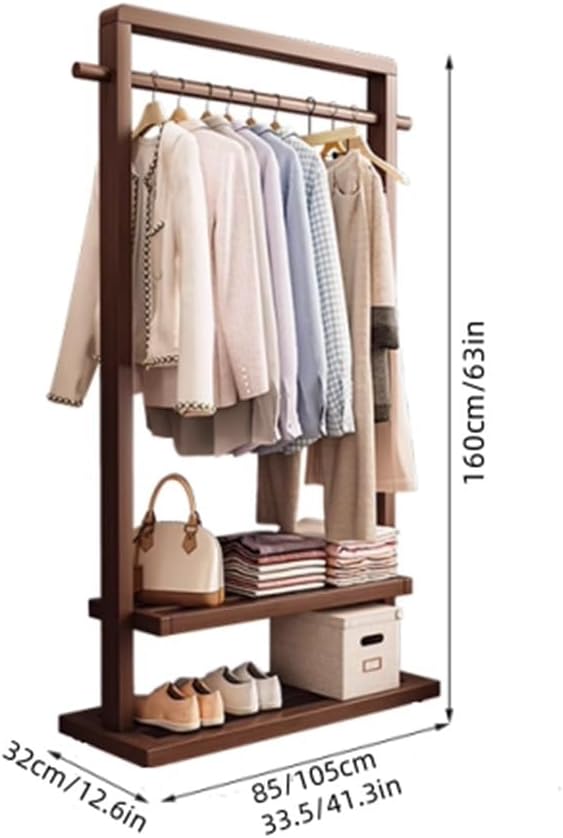 Bamboo Clothes Rack for Hanging Clothes, Freestanding Garment Rack with Double Shelves, Floor-Standing Clothing Organizer for Bedroom or Closet Storage(Brown,85cm-33.5in)