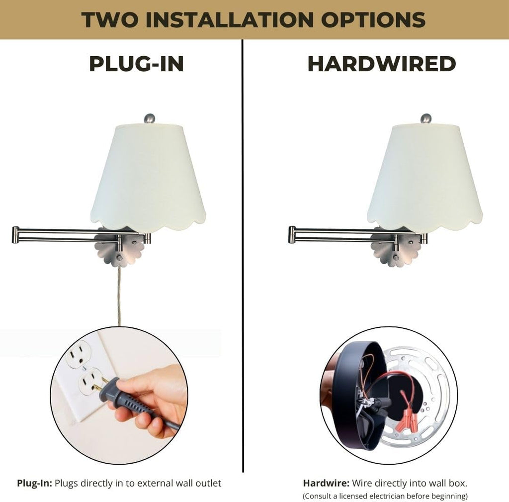 Royal Designs, Inc. Set of 2 Scalloped Swing-Arm Dimmable Wall Lamp - Brushed Nickel Lamp with Linen Eggshell Scallop Hardback Lampshade