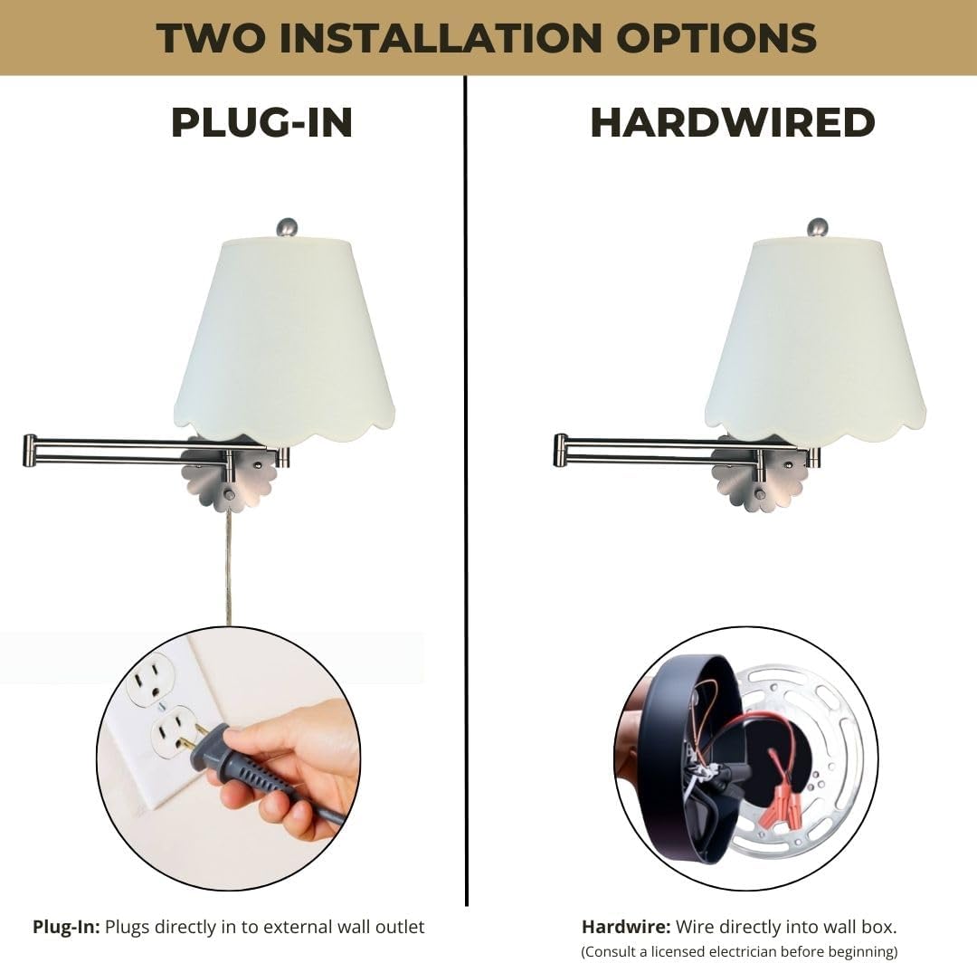 Royal Designs, Inc. Set of 2 Scalloped Swing-Arm Dimmable Wall Lamp - Brushed Nickel Lamp with Linen Eggshell Scallop Hardback Lampshade