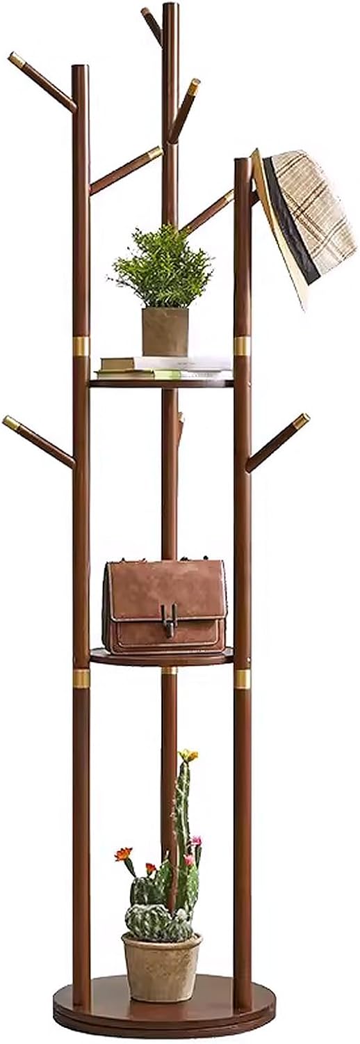 Bamboo Clothes Hanging Rack with 3 Tier Storage Shelves and 9 Coat Hooks, Portable Clothing Organizer Hat Tree Garment Rack for Bedroom Guest Room