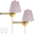 Royal Designs, Inc. Set of 2 Scalloped Swing-Arm Dimmable Wall Lamp - Brushed Satin Brass Lamp with Pink Scallop Hardback Lampshade