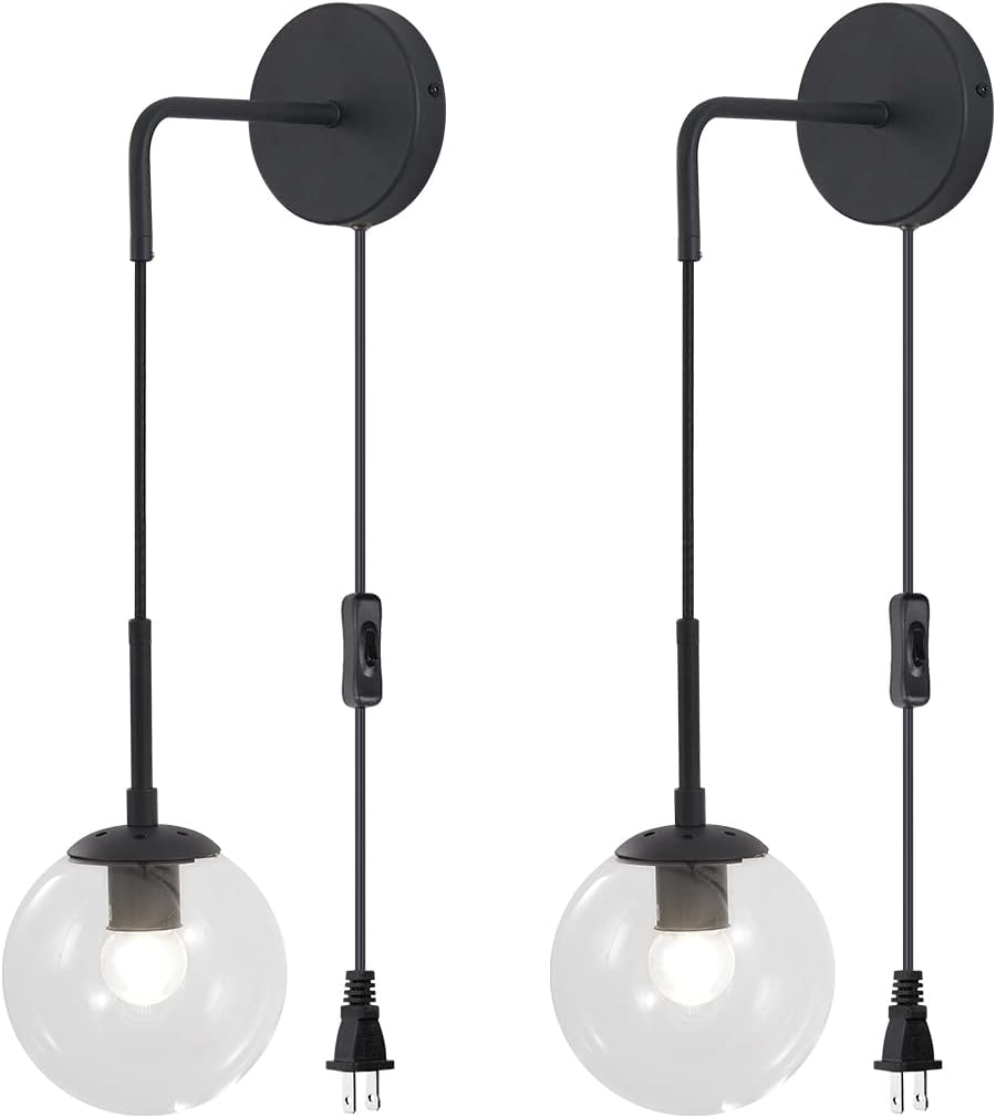 BOKT Mid Century Modern Black Wall Sconce Light Set of Two Plug in Clear Glass Globe Ball Wall Lighting Set of 2 Minimalist Vanity Bathroom Wall Light Lamp Plug in Cord (Clear)