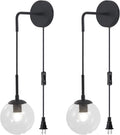 BOKT Mid Century Modern Black Wall Sconce Light Set of Two Plug in Clear Glass Globe Ball Wall Lighting Set of 2 Minimalist Vanity Bathroom Wall Light Lamp Plug in Cord (Clear)