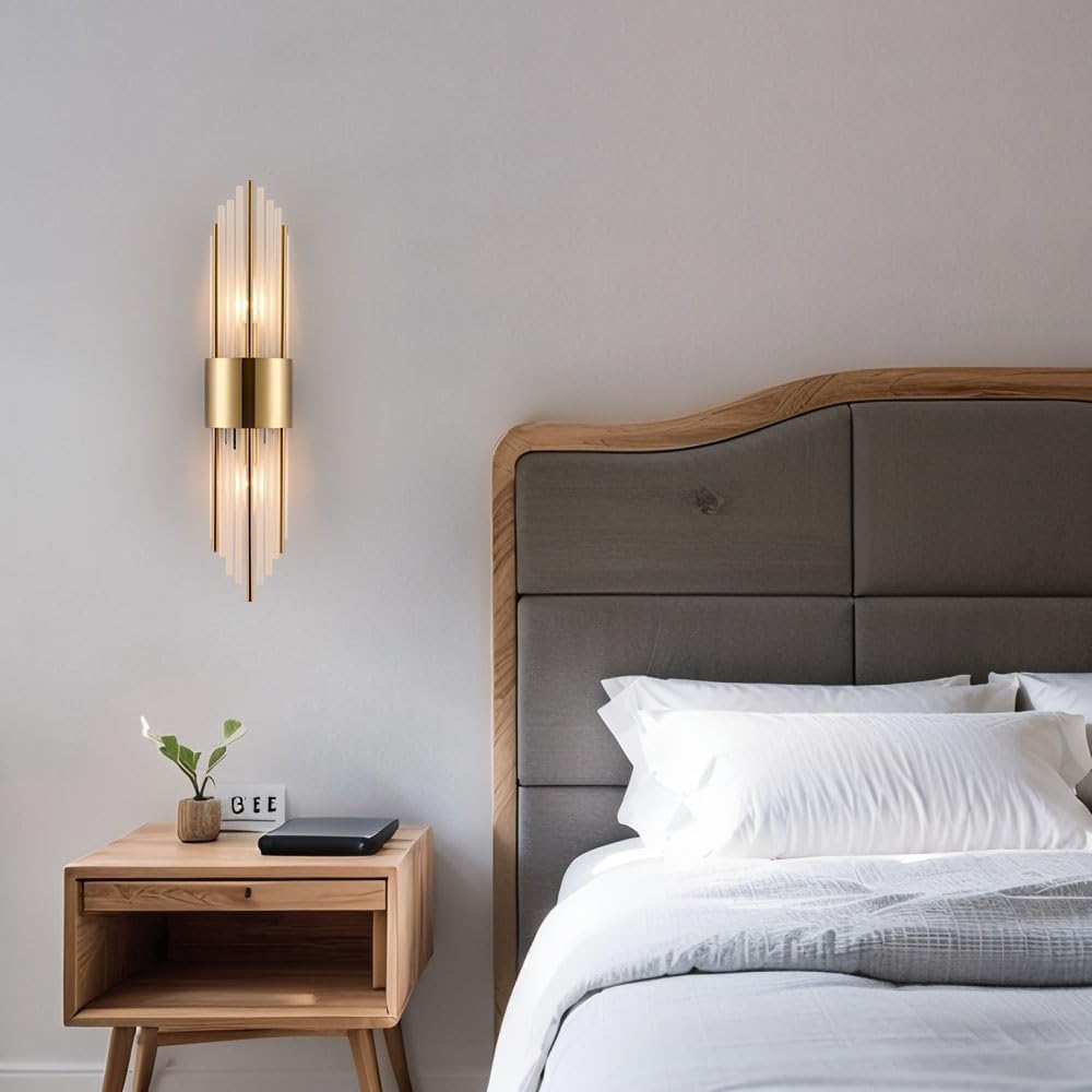2-Light Modern Crystal Wall Sconces Titanium Gold Vanity Wall Light with Frosted Glass Luxury Set of 2 Wall Light Fixtures for Bedroom Living Room Dining Room Vanity Mirror Light
