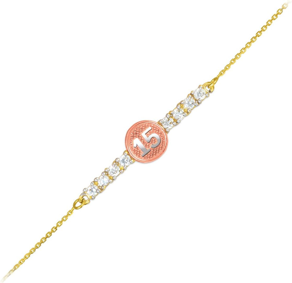 14k Tri-Color Sweet 15 Anos Quinceanera Gold CZ Bar Bracelet 7' With 0.5' Extension