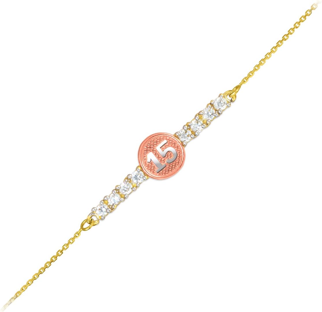 14k Tri-Color Sweet 15 Anos Quinceanera Gold CZ Bar Bracelet 7' With 0.5' Extension
