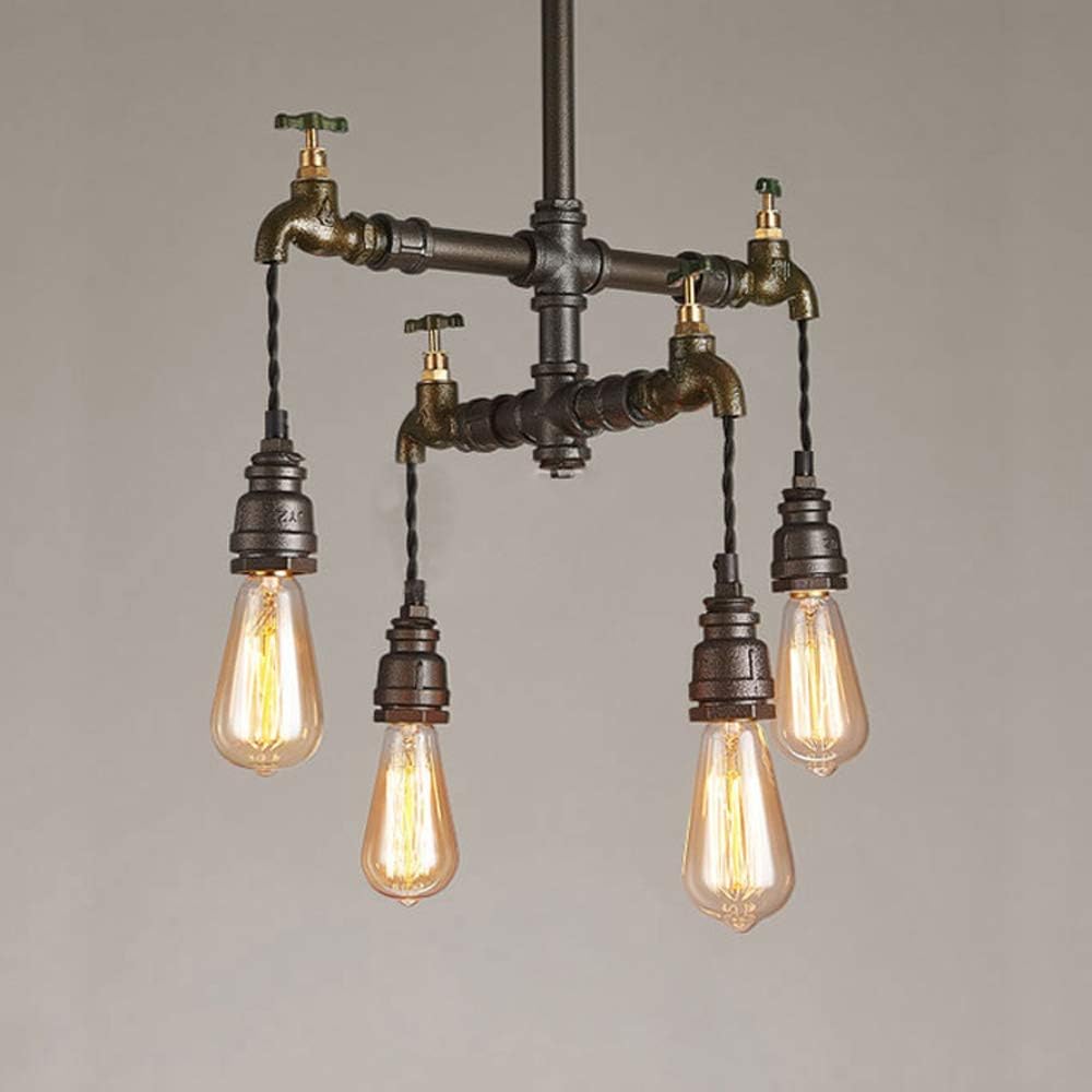 4-Light Antique Industrial Tap Wrought Iron Pendant Chandelier Lighting Vintage Steampunk Water Pipe Shaped Retro Loft Hanging Lamp Fixture Rustic Lighting 444813