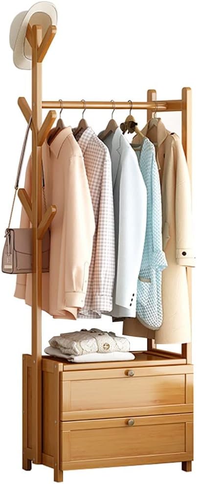 Bamboo Clothes Rack with 2 Tier Drawer Freestanding Garment Stand for Bedroom Storage 50/70/80/100cm