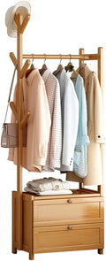 Bamboo Clothes Rack with 2 Tier Drawer Freestanding Garment Stand for Bedroom Storage 50/70/80/100cm