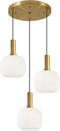 White Glass Pendant Light Fixtures 3-Light Cluster Ceiling Chandelier Milk Striped Globe Shade Adjustable Gold Hanging Light for Bedroom Kitchen Island