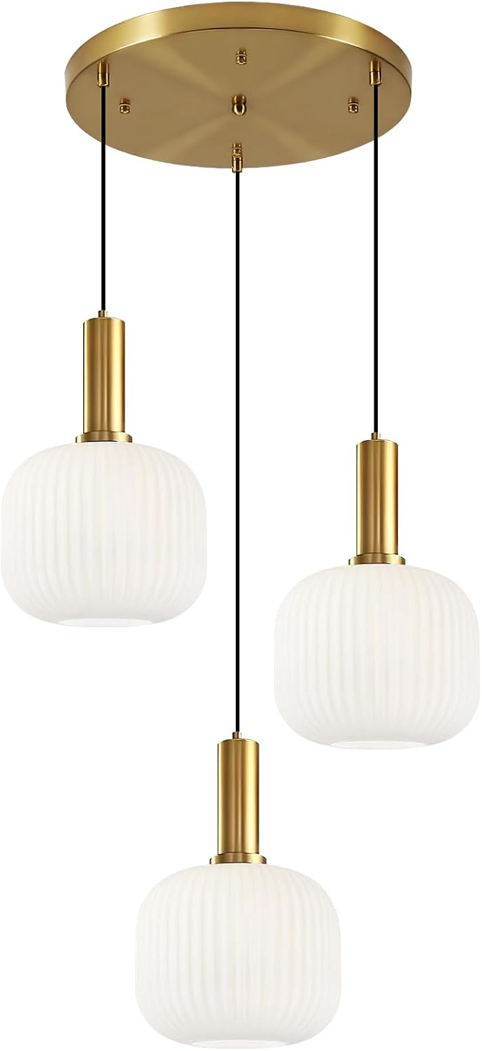 White Glass Pendant Light Fixtures 3-Light Cluster Ceiling Chandelier Milk Striped Globe Shade Adjustable Gold Hanging Light for Bedroom Kitchen Island