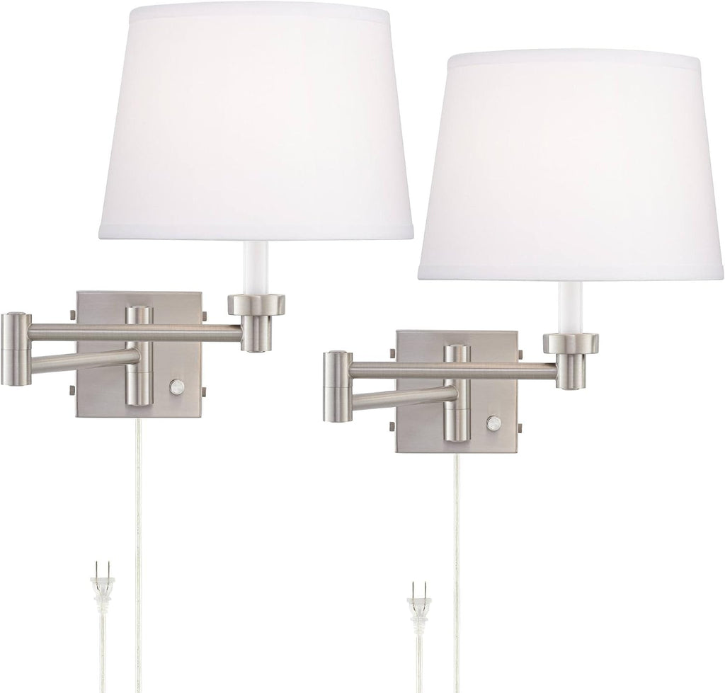 360 Lighting Vero Modern Swing Arm Wall Lamps Set of 2 with USB Charging Port Brushed Nickel Plug-in Light Fixture White Hardback Drum Shade for Bedroom Bedside Living Room Reading House