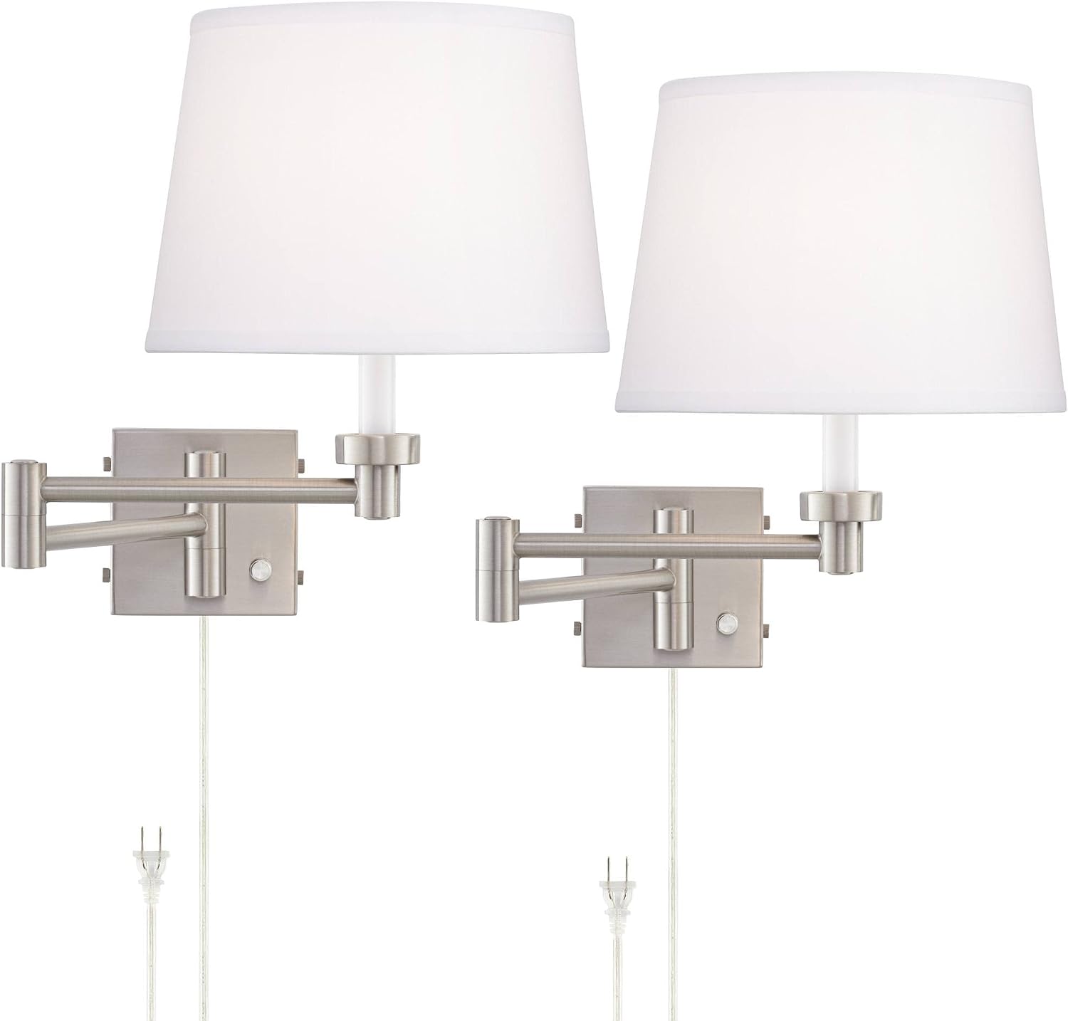 360 Lighting Vero Modern Swing Arm Wall Lamps Set of 2 with USB Charging Port Brushed Nickel Plug-in Light Fixture White Hardback Drum Shade for Bedroom Bedside Living Room Reading House