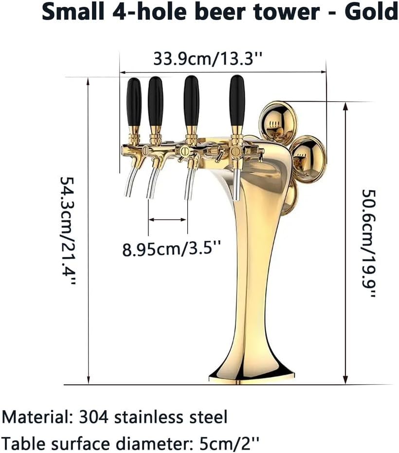 4 Taps Stainless Steel Tower, Pipe Tower Kegerator, with LED Beer Labels, Electroplating Surface (Gold/Sliver),Gold