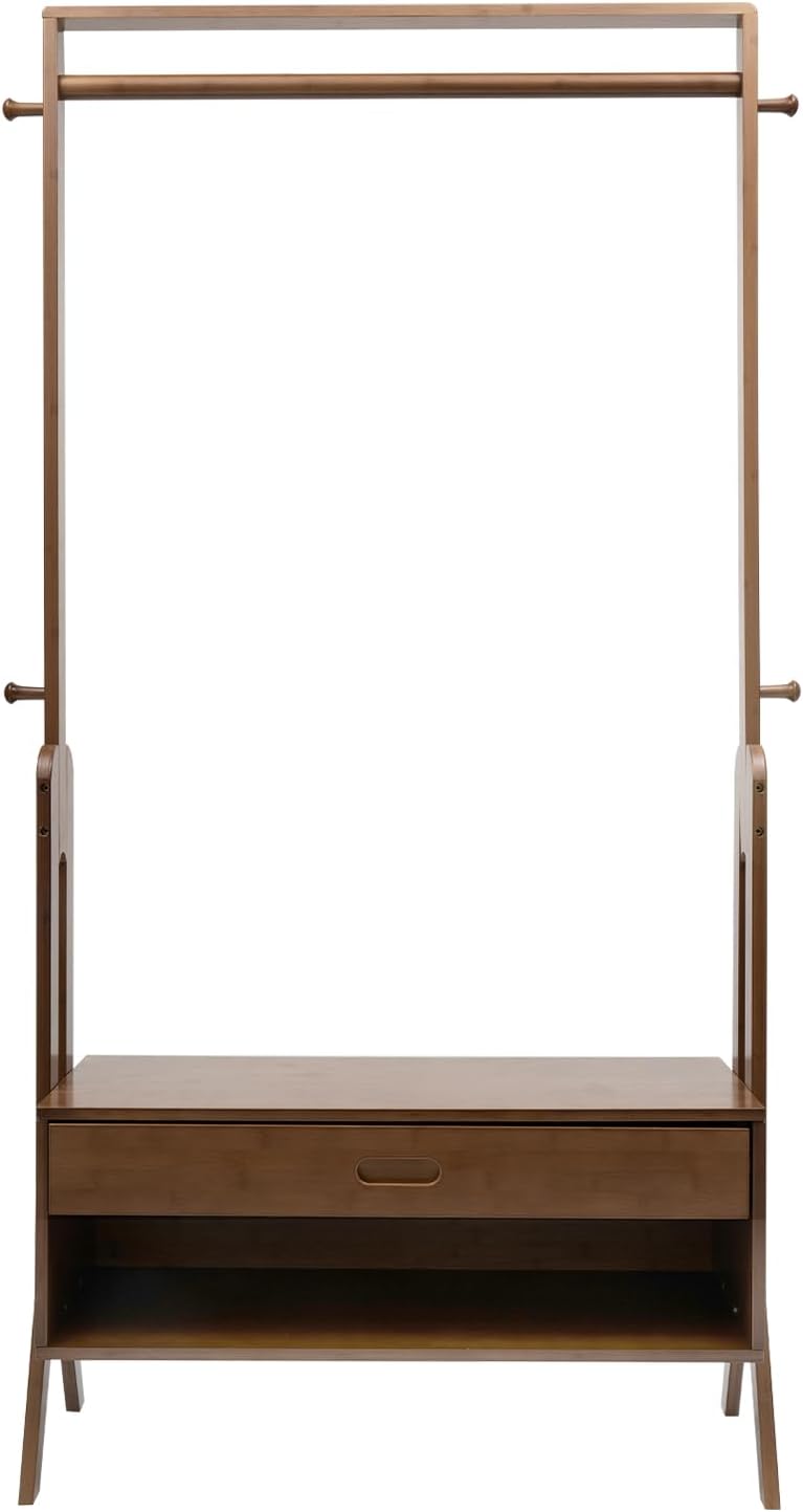 Bamboo Garment Racks, Clothes Rack for Hanging Clothes Portable Closet with Hanging Rod Shelving Clothing Rack Freestanding Wardrobe, Closet Organizers and Storage Drawers, Max Load 300LBS, Brown
