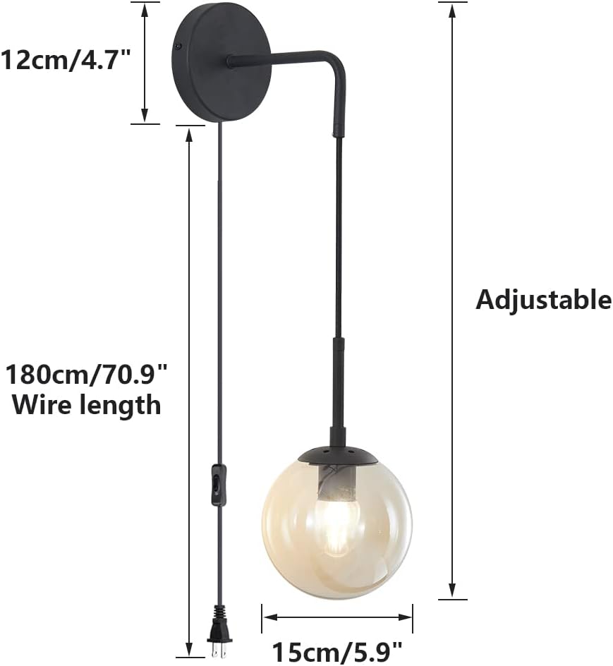 BOKT Matte Black Amber Glass Wall Sconce Light Set of Two Plug in Mid Century Modern Globe Wall Sconce Lamp Set of 2 Plug in Cord Farmhouse Industrial Bathroom Wall Light (Amber)