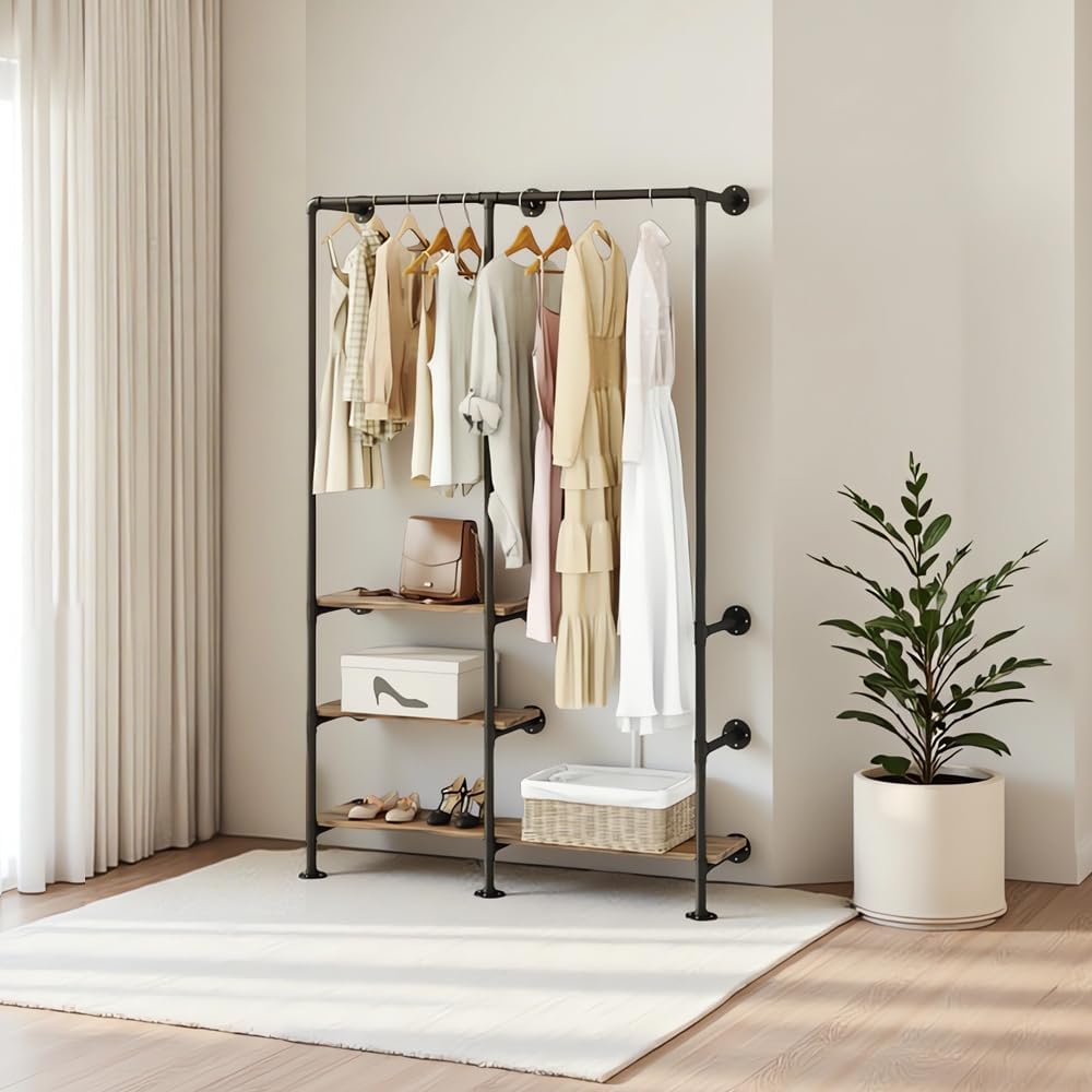 Industrial Pipe Clothing Rack with Shelves, Wall Mounted Garment Rack, Heavy Duty Choset Clothes Rack for Indoor Bedroom and as walk-in Closet System(Black)
