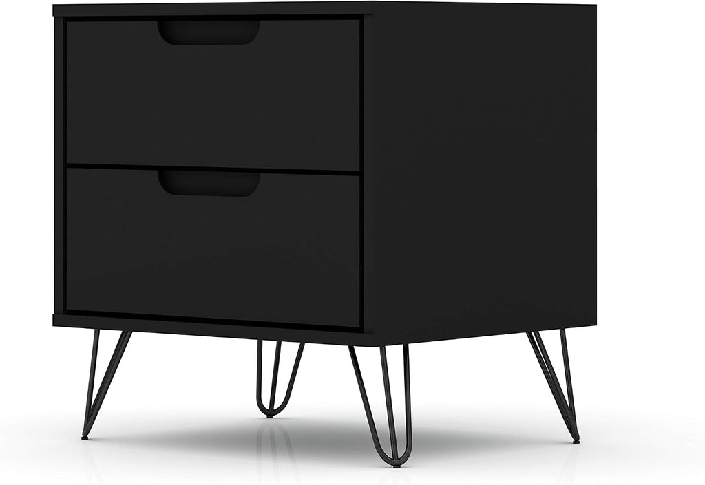 Manhattan Comfort Rockefeller Nightstand with Drawers, Mid Century Modern Bedside Table, Minimalist Display and Storage Organizer, Ideal for Bedroom and Living Room, Black