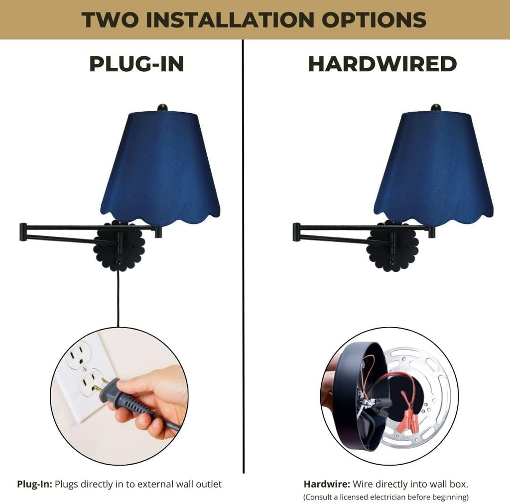 Royal Designs, Inc. Set of 2 Scalloped Swing-Arm Dimmable Wall Lamp - Black Lamp with Navy Blue Scallop Hardback Lampshade