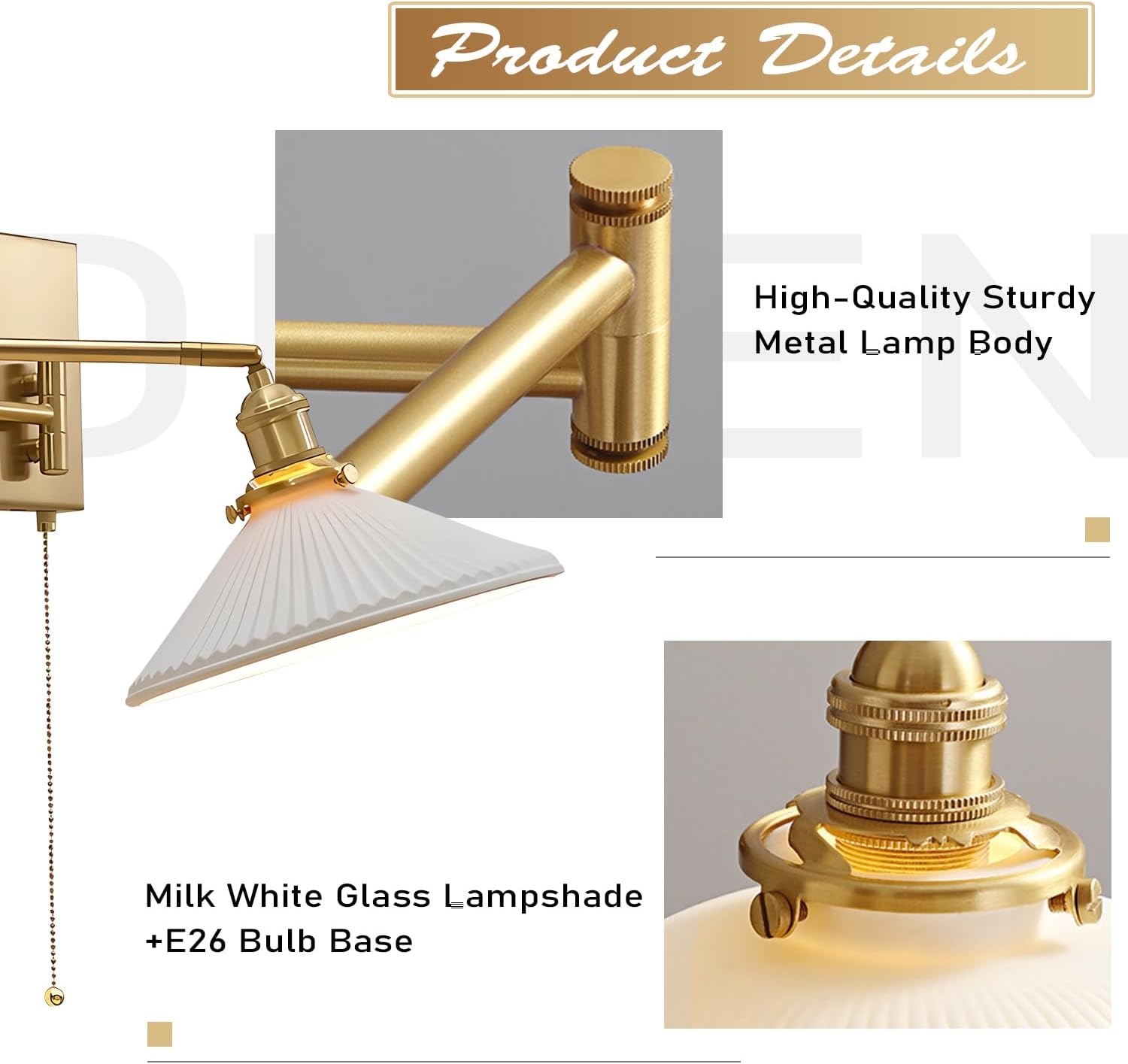 Swing Arm Sconces 2pk, Brushed Gold Hardwired Wall Lamp Pull Chain | Adjustable swing arm wall sconces in brushed gold with frosted glass; 180° rotation for bedside and vanity use; E26 base
