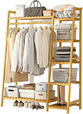 Bamboo Clothes Rail with Top Shelf Hanging Rod Shoe Rack Freestanding Garment Rack for Bedroom Hallway Storage