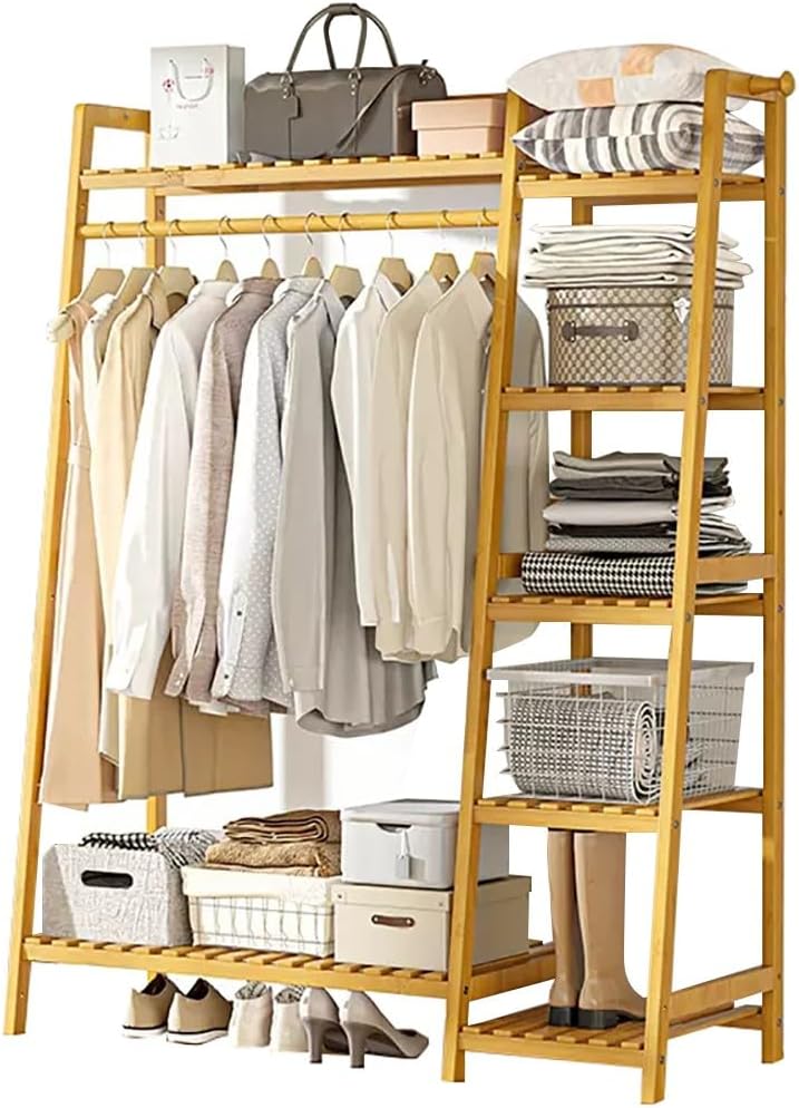 Bamboo Freestanding Clothes Rail with Top Shelf and Hanging Rod Coat Garment Rack with Shoe Rack Open Wardrobe Closet for Bedroom and Hallway Storage