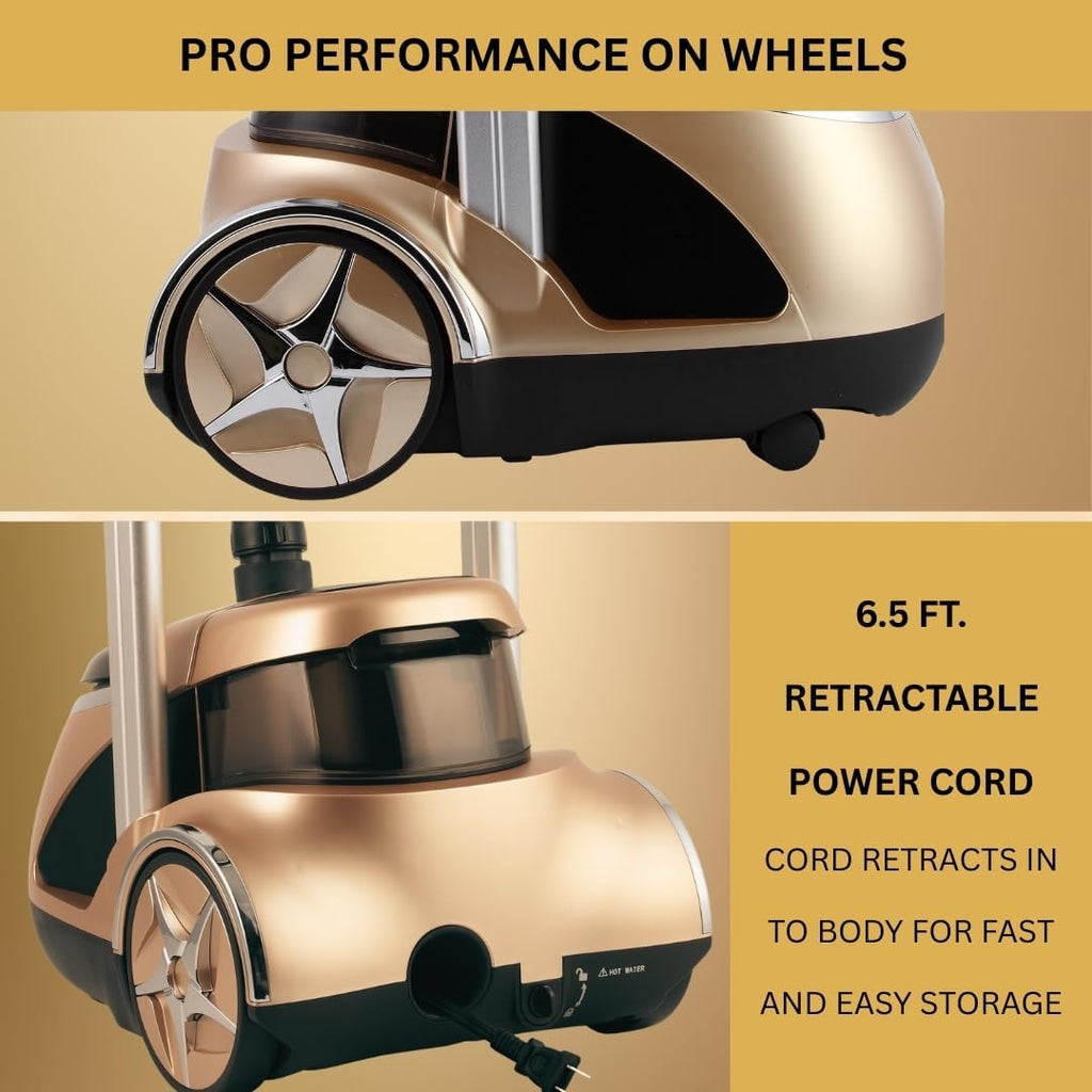 SALAV Professional Garment Steamer 1500W with Foot Pedal Control | 45s Fast Heat Up, 1.8L Tank, Up to 1 Hour Continuous Steam, Stainless Steel Nozzle & Wheels – Gold