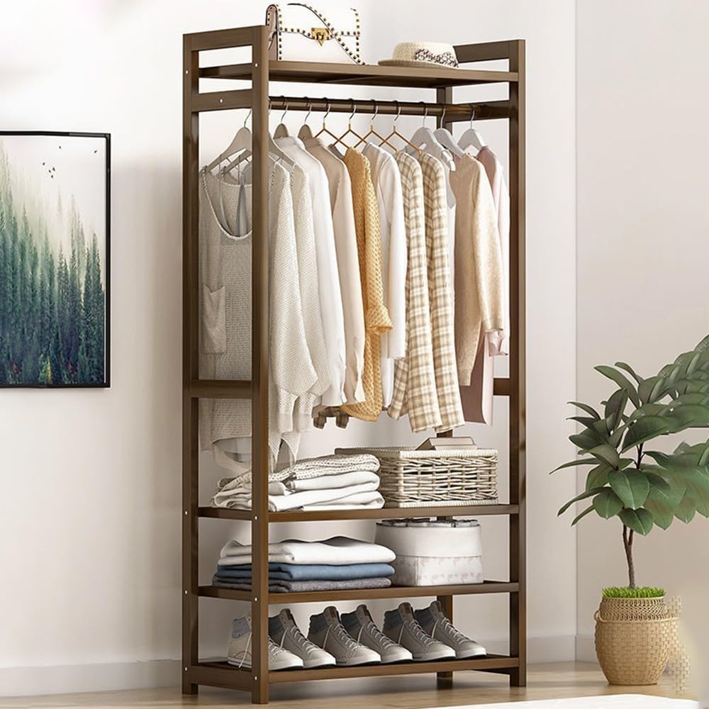 Bamboo Coat Stand with Storage Shelves Portable Freestanding Clothes Rack for Bedroom and Entryway
