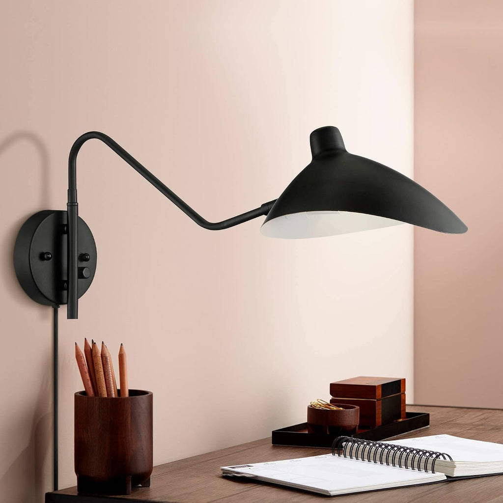 360 Lighting Colborne Modern Swing Arm Wall Lamps Set of 2 Black Plug-in Light Fixture Up Down Swivel Metal Shade for Bedroom Bedside Living Room Reading House