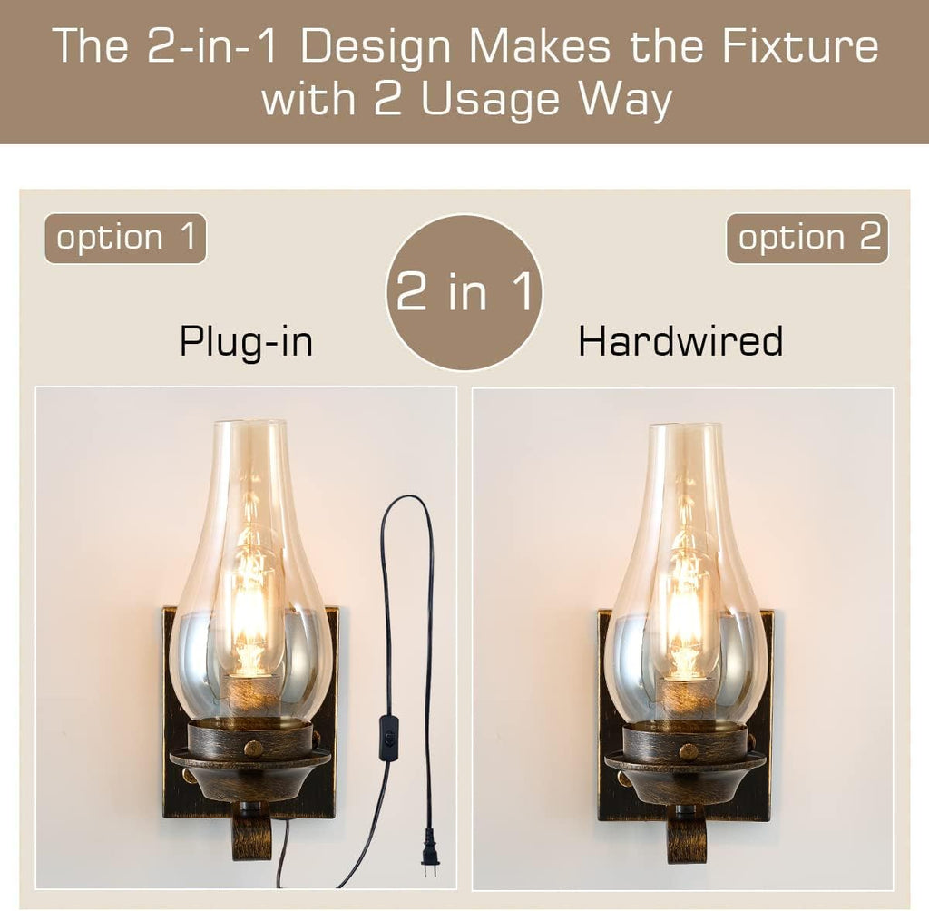 Yisuro Wall Sconces Sets of 2, Oil Rubbed Bronze Plug in Wall Sconce,Retro Rustic Wall Lamps,Sconces Wall Lighting with Amber Glass,Indoor Vintage Bedside Wall Lighting for Living Room Bathroom