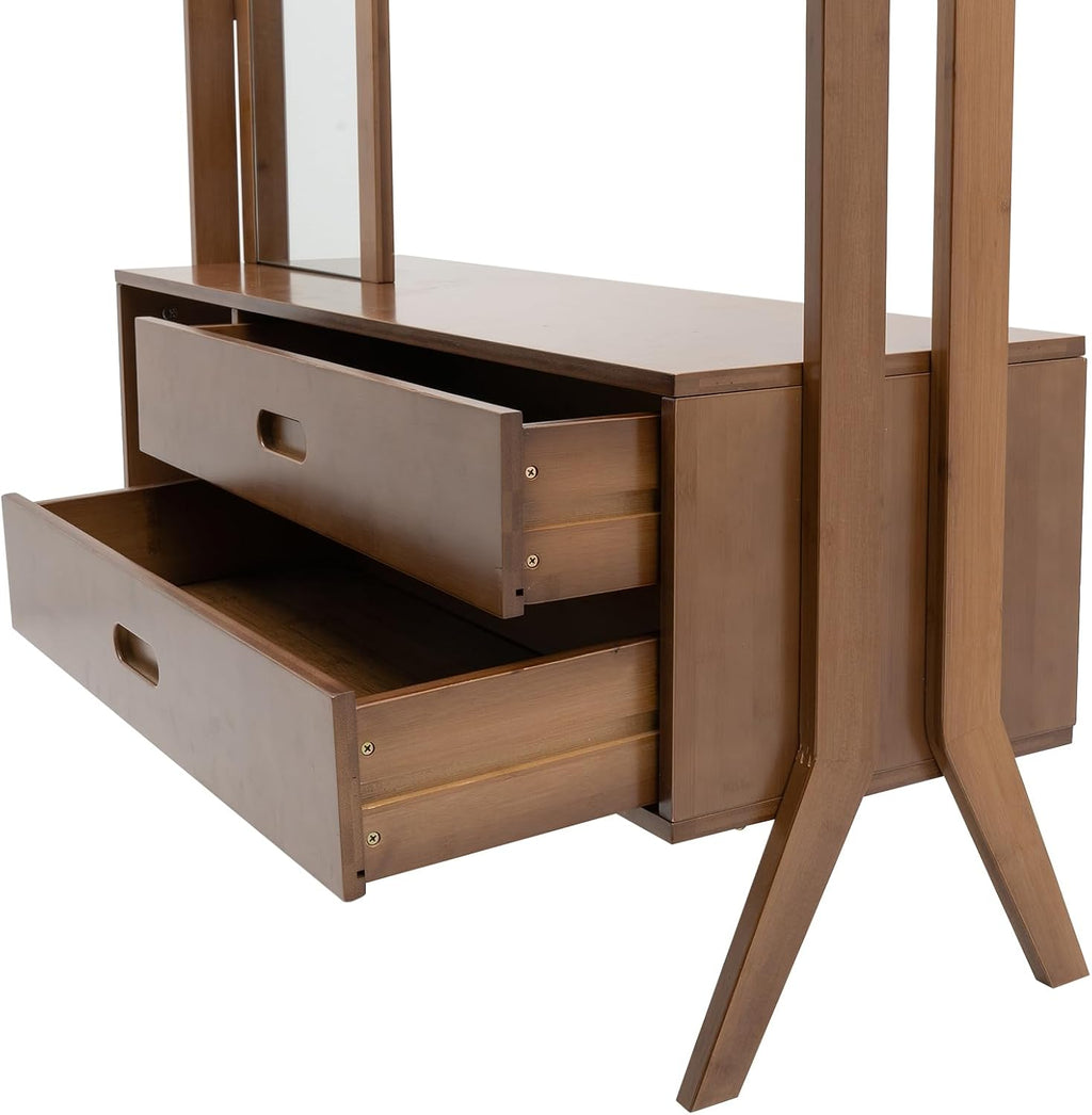 Bamboo Garment Rack, Freestanding Bamboo Clothing Rack with Mirror & Hooks, Heavy Duty Coat Racks with Shelves, Open Wardrobe Closet Organizer for Entrances, Corridors, Bedrooms