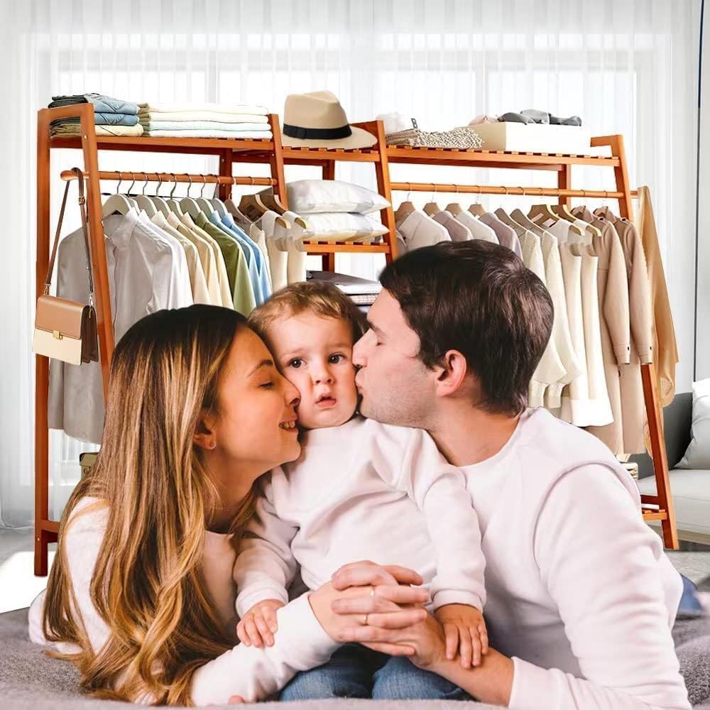Bamboo Clothes Rail Stand - Freestanding Coat Garment Rack with Hanging Rod, Trapezoid Structure, Open Wardrobe Storage Organiser/A/50 * 40 * 140Cm,A,160 * 40 * 140Cm
