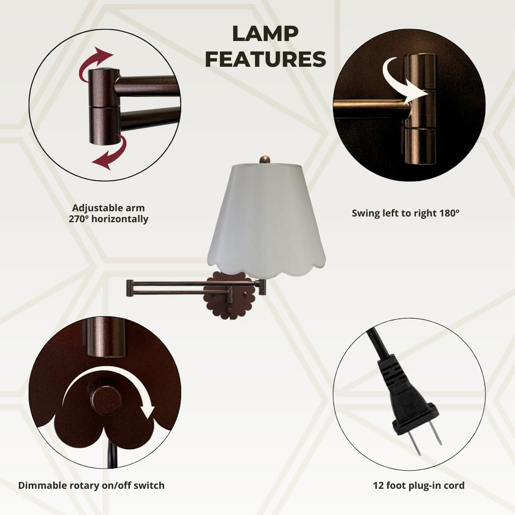 Royal Designs, Inc. Set of 2 Scalloped Swing-Arm Dimmable Wall Lamp - Oil Rubbed Bronze Lamp with Gray Scallop Hardback Lampshade