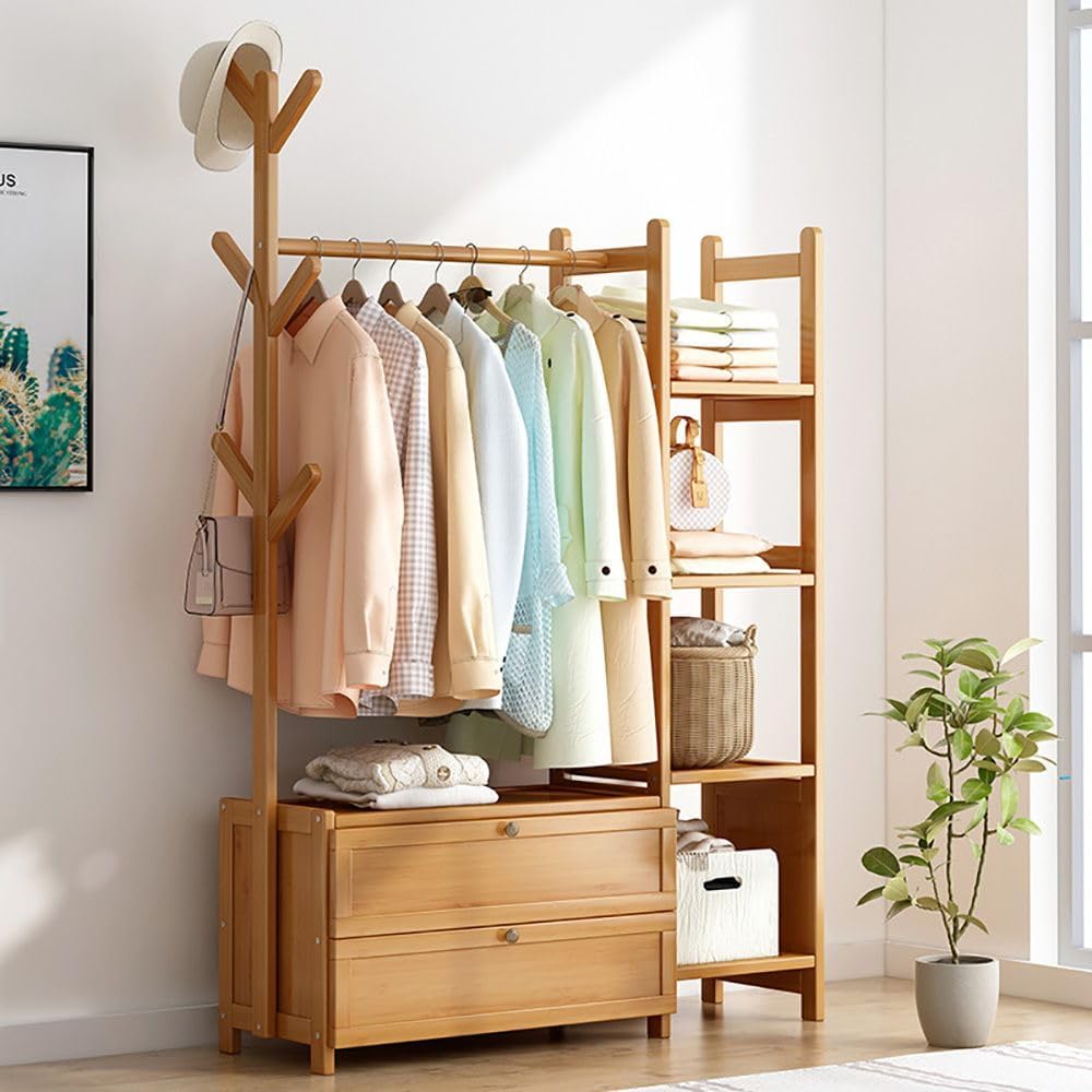 HomeLava Bamboo Garment Rack Heavy Duty Clothes Rack with Drawers Shelves and Side Hook, Clothing Rack for Entry Bedroom (Natural, 31.5'')