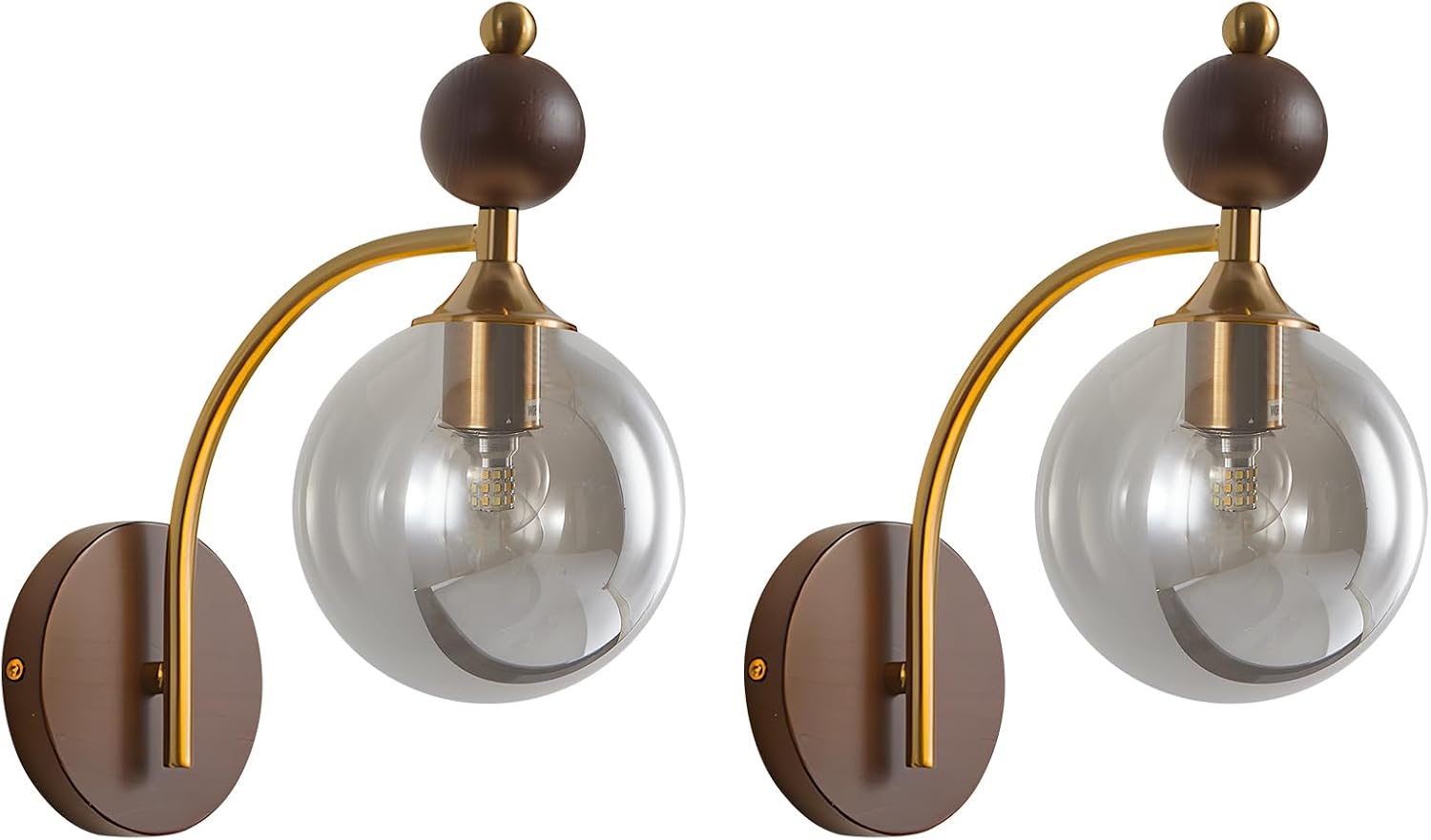 BOKT Modern Glass Globe Wall Sconce with 5.9' Smoke Grey Round Lampshade Small Wall Sconces Set of Two Farmhouse Wall Mounted Sconce Light Vintage Wooden Wall Lights for Bedroom Bathroom
