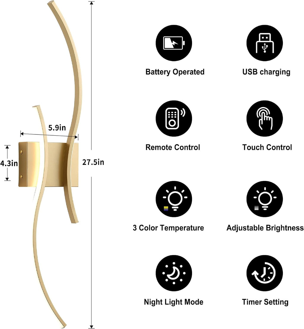 Battery Operated Wall Sconces Set of Two with Remote Control, Battery Wall Light, Stepless Colors 3000K-6000K & Dimming, Gold Led Wall Lights for Living Room, Hallway, Bedroom, 27.5 Inch (2 Pack)