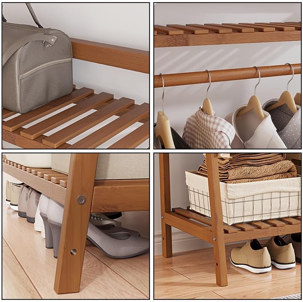 Heavy Duty Clothes Rail, Portable Extra Large Garment Rackwith 5 Partition, Bamboo Coat Rack for Hanging Clothes, Easy to Install for Clothes Shoes Storage